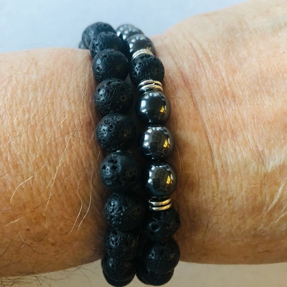 Unisex Two “Kratos “ Black Lava and Hematite Healing Stretch Bracelets - Picture 4 of 9